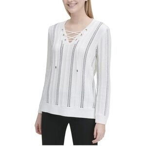 Calvin Klein White Black Striped Knit Sweater Size Large